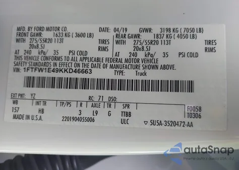 2019 Ford F-150 Lariat from USA, damaged, VIN 1FTFW1E49KKD46663